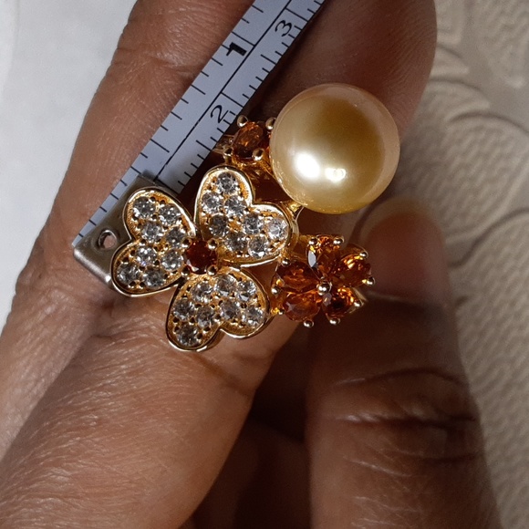 925  Golden South Sea Pearl, Madeira Citrine, White Zircons Ring. 10.5mm FIRM. - Picture 12 of 17
